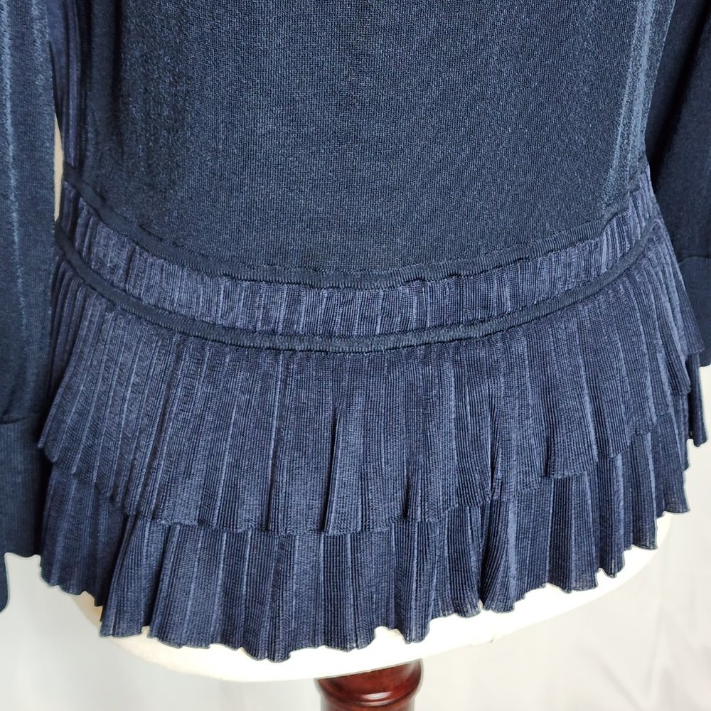Oscar de la Renta Navy Button Front Ruffle Hem Cardigan Size: L - Picture 12 of 16